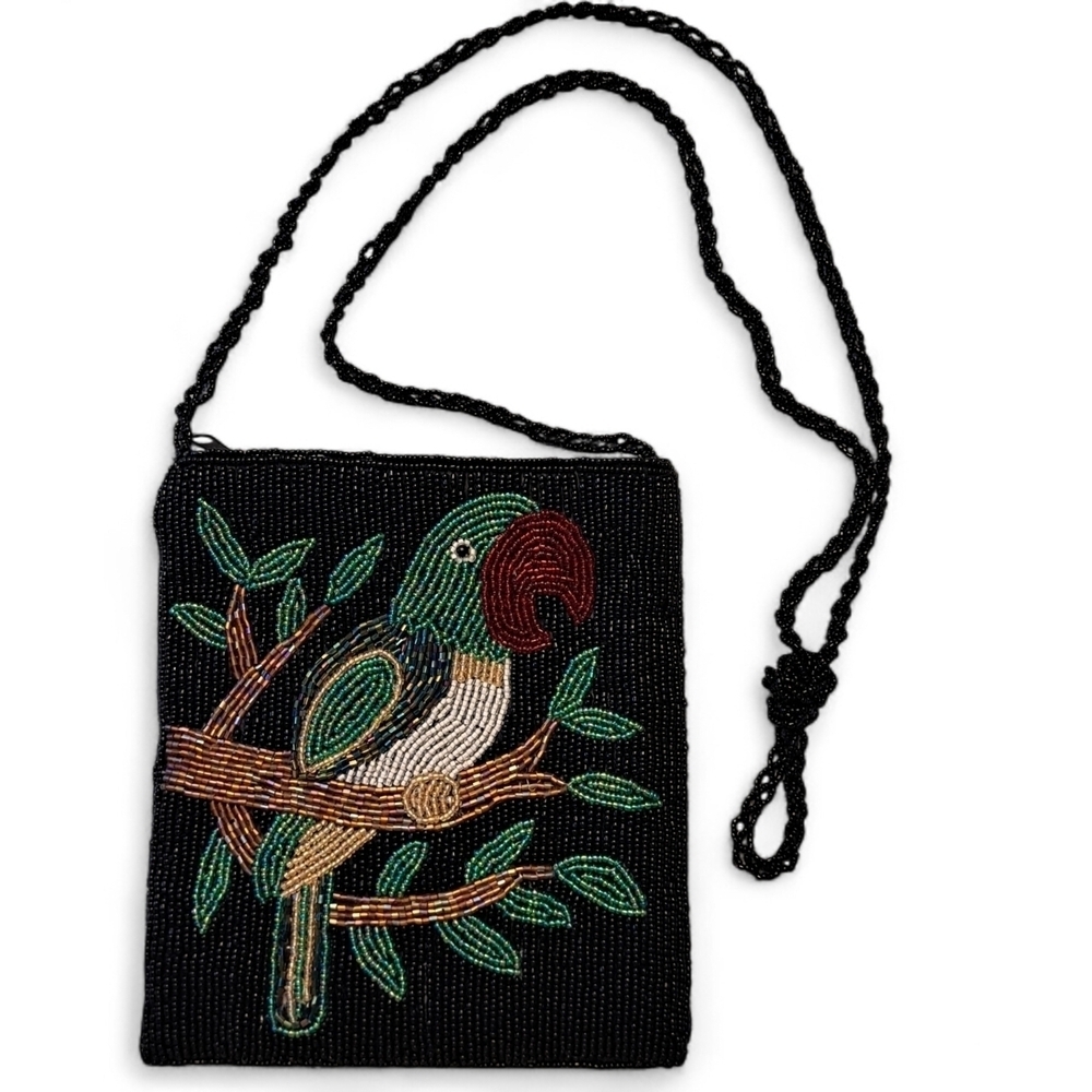 Vintage ERMO Beaded Parrot Crossbody Bag Black Embroidered